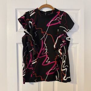 JC Penney Black/Pink Scribble Print Ruffle Detail Sleeveless Top Women’s Large